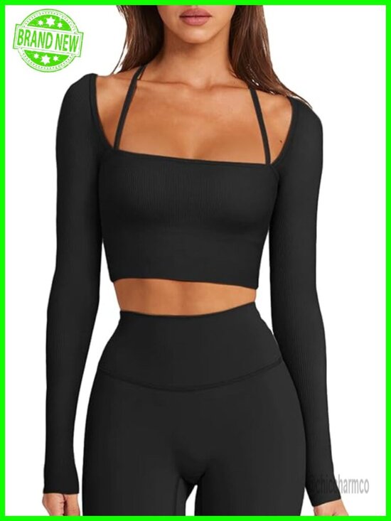 Tops - Seamless Ribbed Long Sleeve Crop Top Built-in Bra Yoga